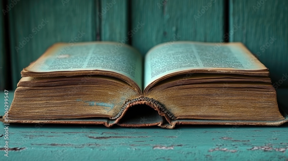 Obraz premium An open old book sits on blue wooden planks. Aged pages and weathered texture bring a sense of history