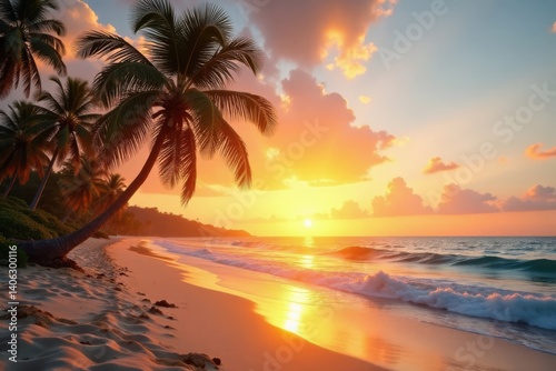 Palm trees sway in gentle ocean breeze on sun-kissed sandy beach at sunset, sandy, wave