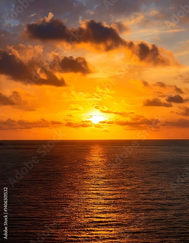  Sunset, Sky clouds over sea in the Evening with Orange, Yellow Gold sunlight in Golden hour
