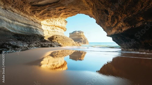 Secluded Beach Cave Reflection at Praia da Marinha, Algarve Coastline, Portugal