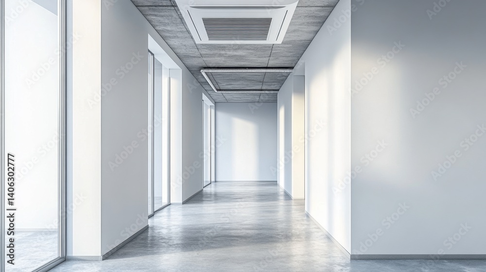 Minimalist hallway with narrow split AC unit mounted near the ceiling, tidy and uncluttered space Minimalist hallway with narrow split AC unit mounted near the ceiling, tidy and uncluttered space