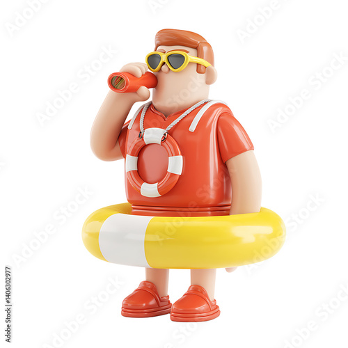 Animated lifeguard with binoculars, floatation device, and heart shaped sunglasses.