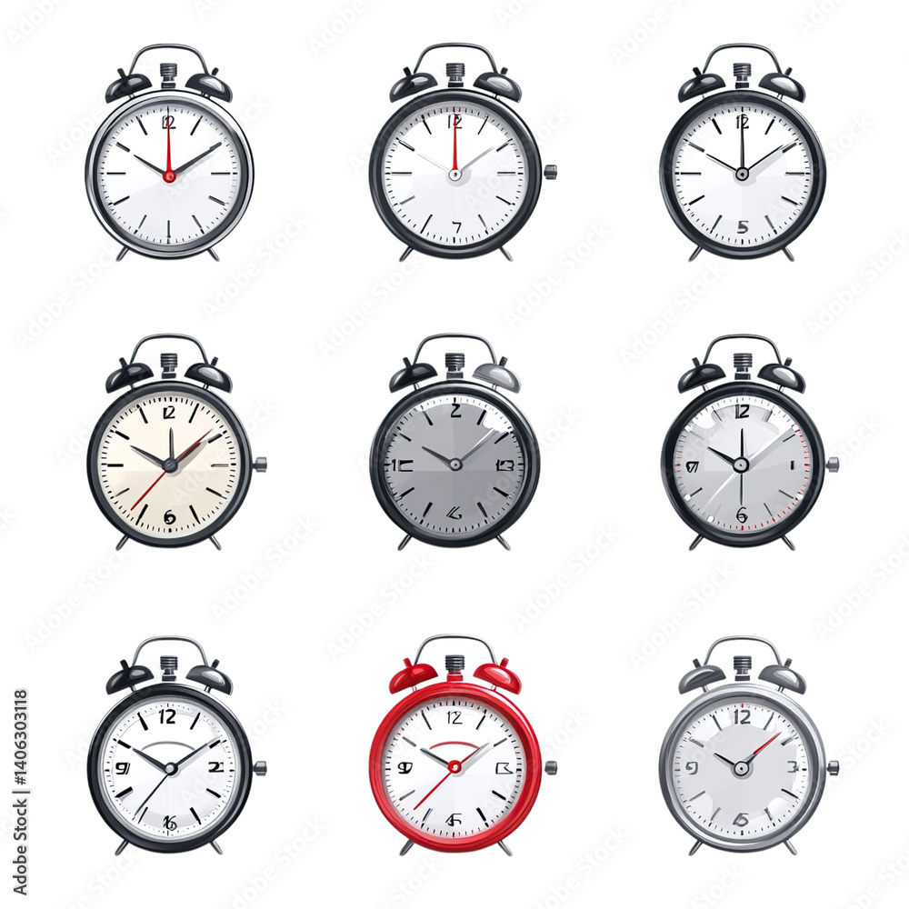 Nine Alarm Clocks Time Variations. Nine Alarm Clocks Time Variations.