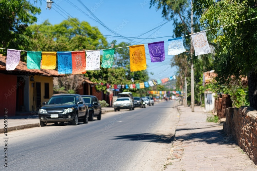 Obraz premium Roadside cars with colorful banners festive atmosphere travel and lifestyle