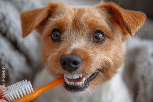 A dog is brushing its teeth with a toothbrush