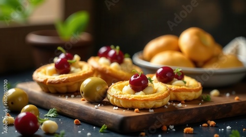 Delectable Mini Quiches with Cherry and Olive Garnish, Artistically Arranged on a Rustic Wooden Board