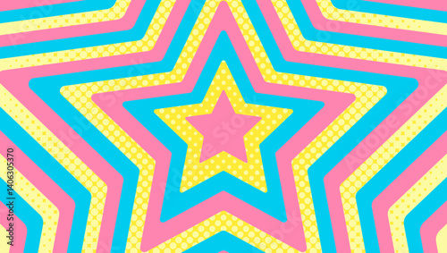 同心状の星、ハーフトーンのドットの背景、ポップなデザイン、装飾的な放射型図形