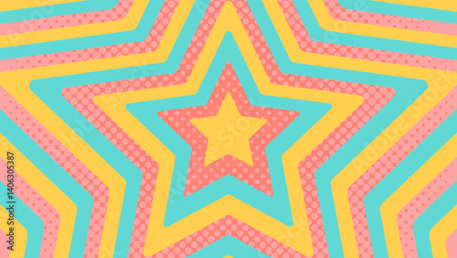 同心状の星、ハーフトーンのドットの背景、ポップなデザイン、装飾的な放射型図形