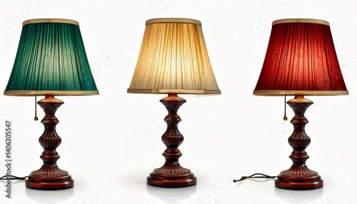 Vintage table lamp with white lampshade isolated on white background. Antique oil lamp. 