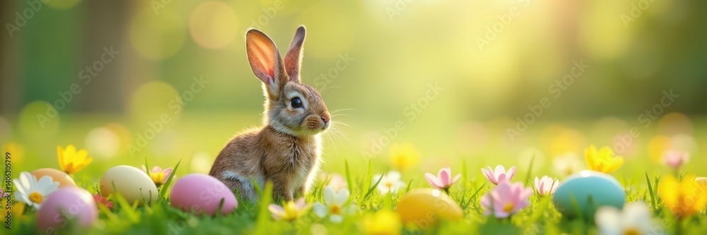 Bunny ears sitting on a field of colorful flowers with Easter eggs scattered around, meadow, decorations Bunny ears sitting on a field of colorful flowers with Easter eggs scattered around, meadow, decorations