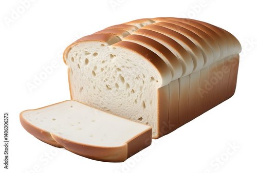 Realistic sliced white bread with one end cut, showing soft texture inside. Perfectly detailed for visual use. Transparent background, isolated object.