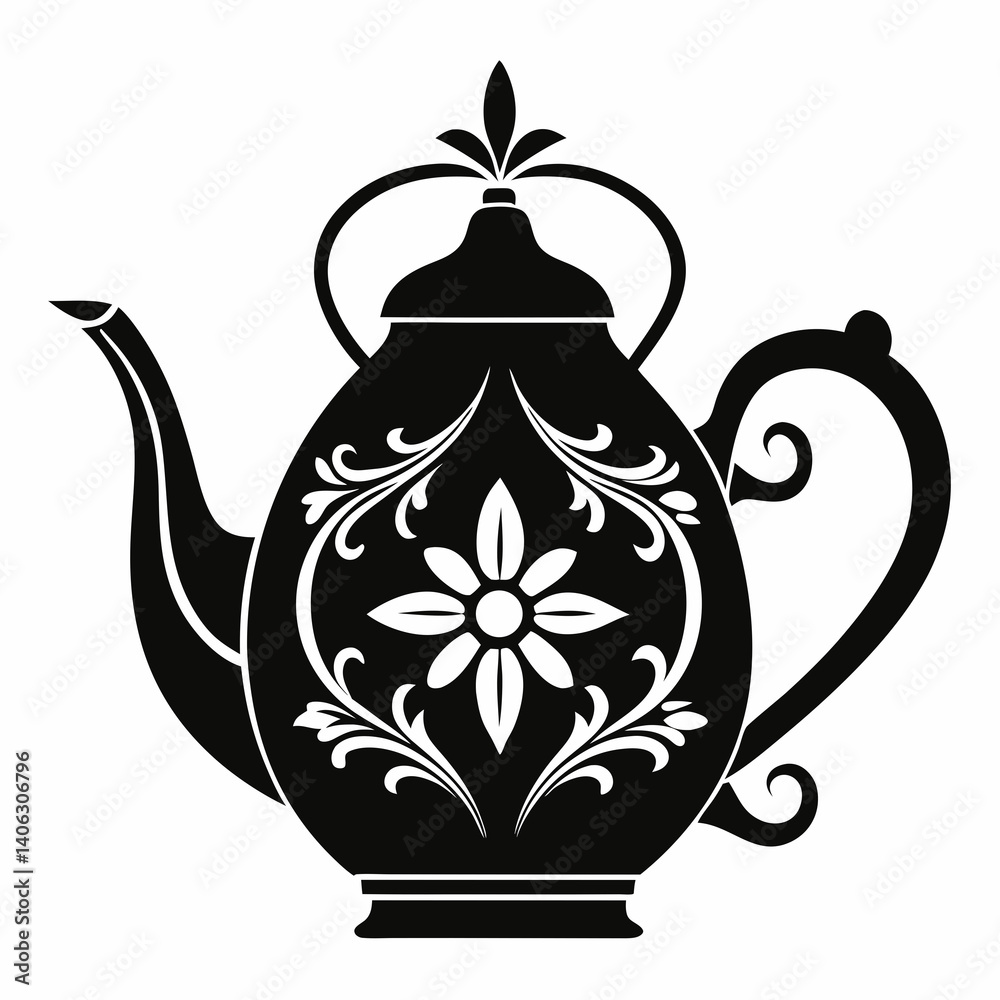 Black Silhouette of a Decorative Floral Teapot Vector Illustration
