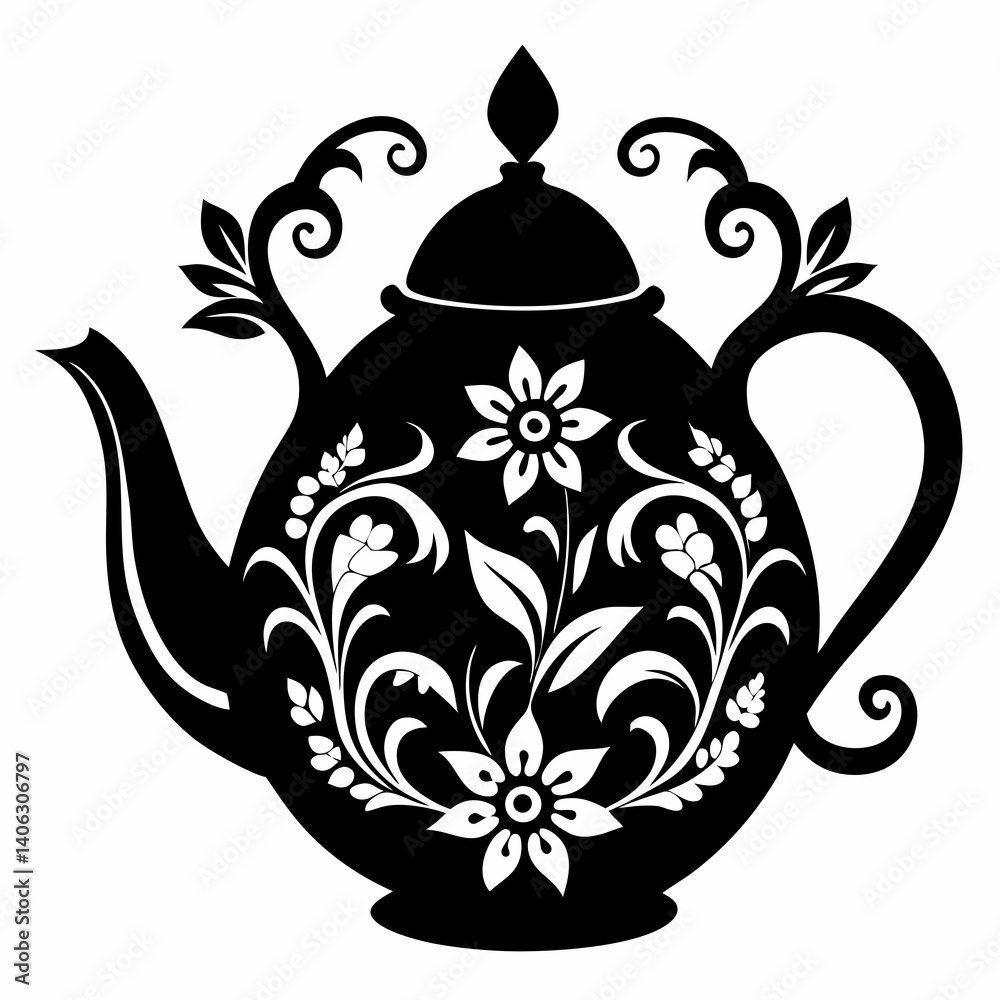 Black Silhouette of a Decorative Floral Teapot Vector Illustration