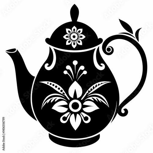 Black Silhouette of a Decorative Floral Teapot Vector Illustration