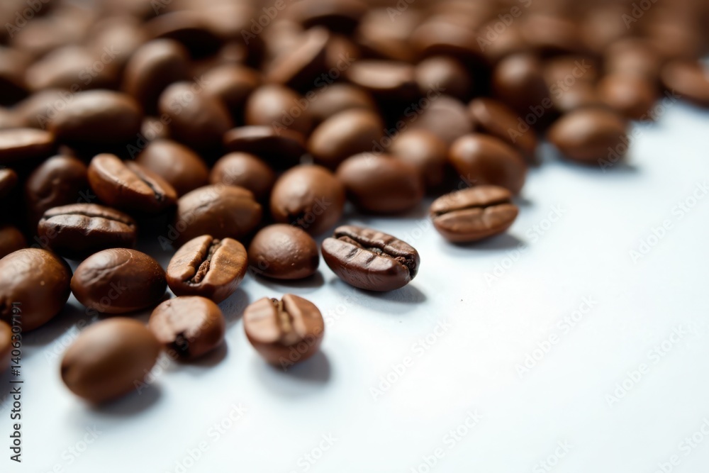 Coffee beans scattered on a white surface in a natural setting, coffee beans, texture Coffee beans scattered on a white surface in a natural setting, coffee beans, texture