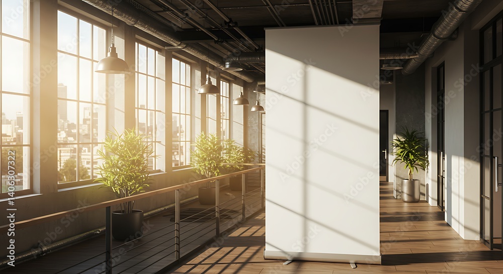 Obraz premium Blank Display Stand in Bright Hallway with City View