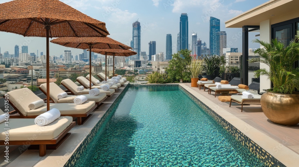 Fototapeta premium Rooftop pool at luxury hotel with skyline view and neatly folded travel towels