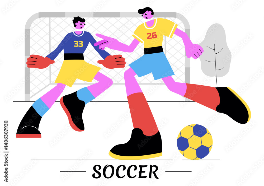 Fototapeta premium Soccer Vector Illustration Featuring a Man Kicking a Soccer Ball on a Green Field for a Football League and Sports Match in a Flat Cartoon Background