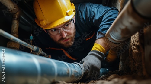Plumber inspecting drainage pipes in a crawl space. Featuring pipe inspection photo