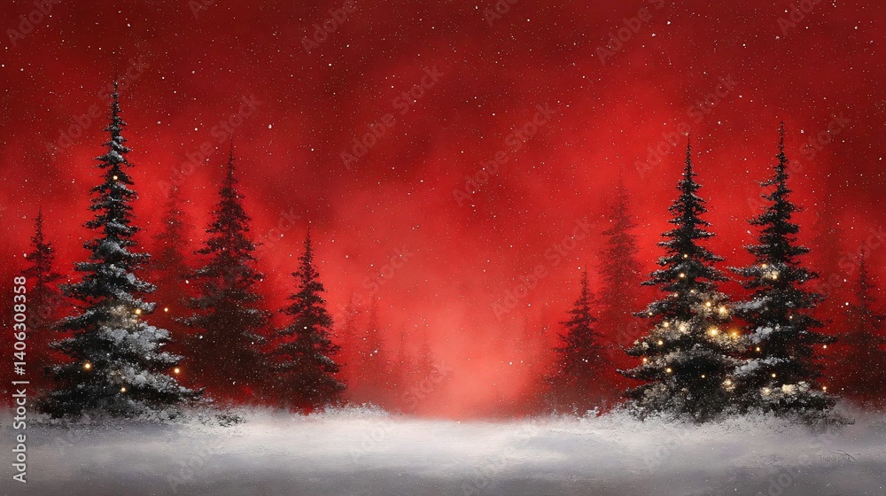 Naklejka premium Snowy forest scene at night, red sky, Christmas lights