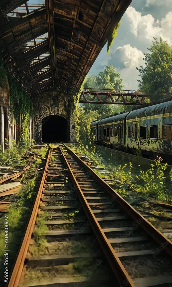 Abandoned Train Station with Overgrown Tracks and Rusty Cars with ai generated. Abandoned Train Station with Overgrown Tracks and Rusty Cars with ai generated.