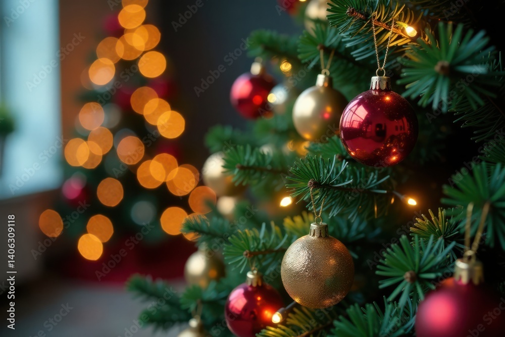 Decorative Christmas tree with ornaments and lights, decorations, holiday Decorative Christmas tree with ornaments and lights, decorations, holiday