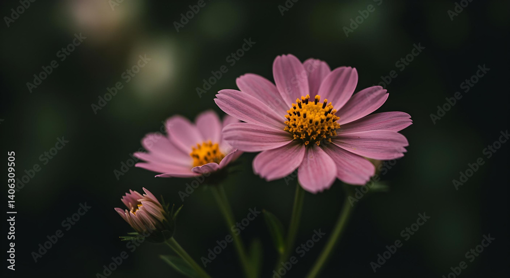 Obraz premium A beautiful closeup of pink cosmos and colorful garden flowers in full bloom