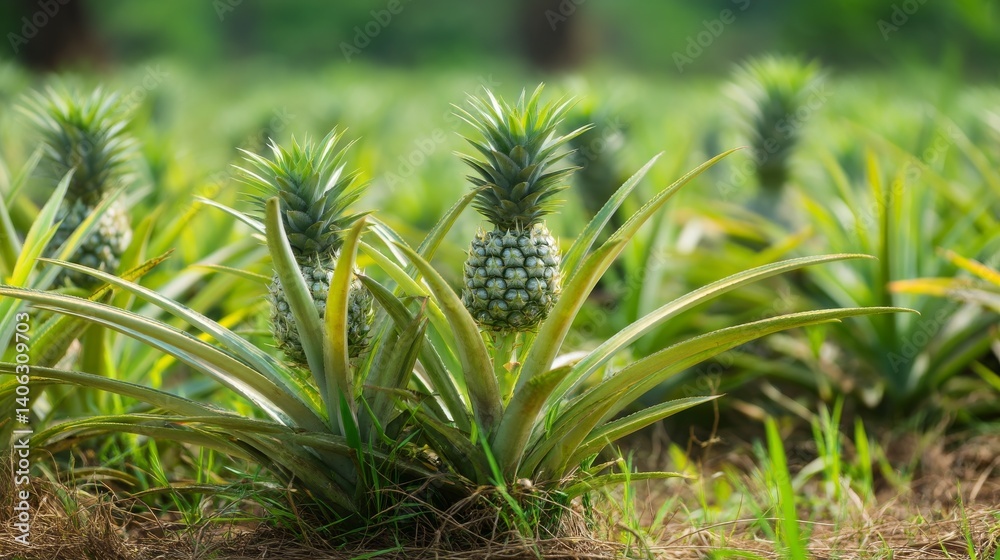 Close-up of ripe pineapple fruit with spiky green leaves growing in tropical field under sunlight on a summer day, surrounded by young pineapple plants and lush grass in vibrant natural daylight scene Close-up of ripe pineapple fruit with spiky green leaves growing in tropical field under sunlight on a summer day, surrounded by young pineapple plants and lush grass in vibrant natural daylight scene