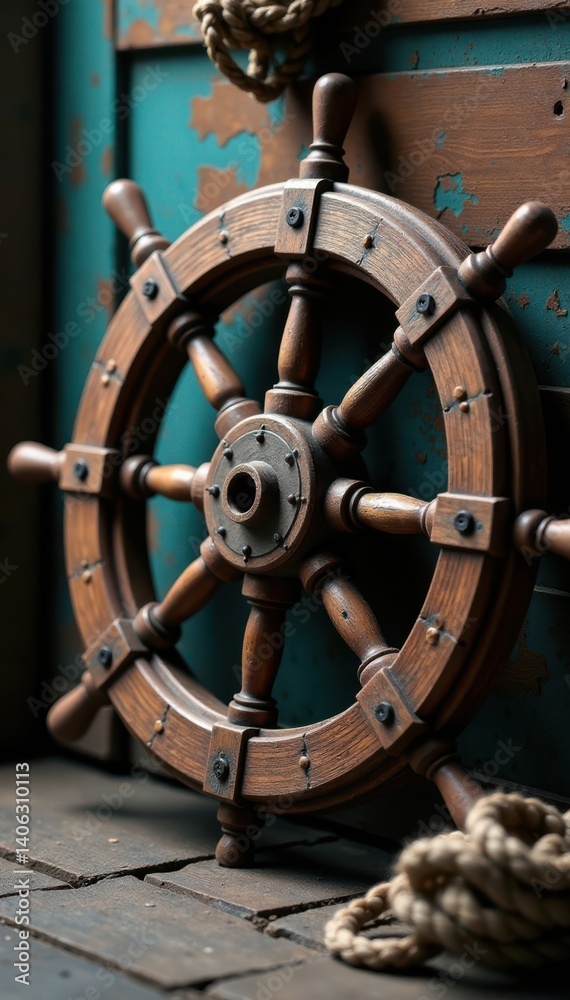 Obraz premium Distressed wooden ship wheel with rope and anchor, distressed, anchor