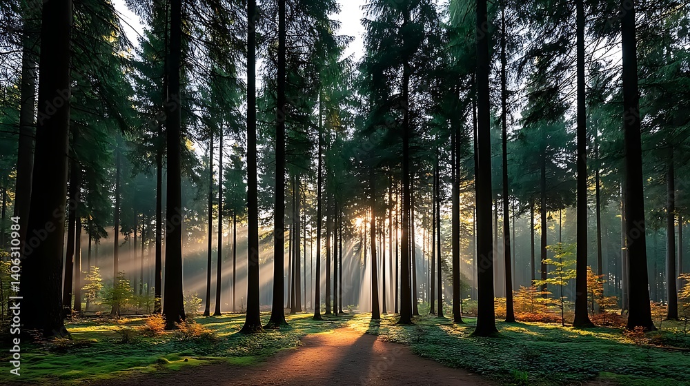 Obraz premium Forest Sunlight Path Sunrise