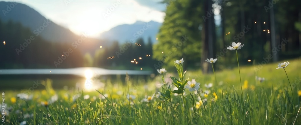 Scenic meadow with flowers lake trees mountains sunshine peaceful nature