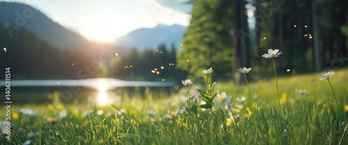 Obraz na płótnie Scenic meadow with flowers lake trees mountains sunshine peaceful nature w salonie