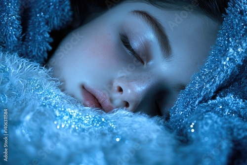 Child sleeps peacefully wrapped in a plush, sparkly blanket bathed in cool blue light