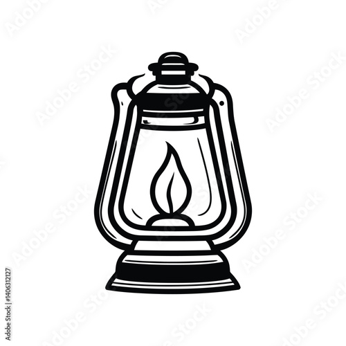 Black and White Lantern with Flame, Vintage Style on Transparent Background