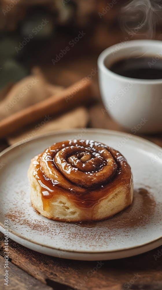 Cinnamon Roll with Coffee on Wooden Table Cinnamon Roll with Coffee on Wooden Table