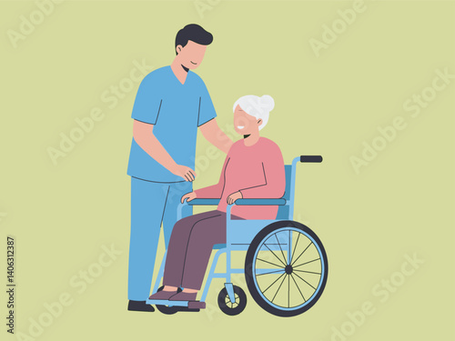 Caregiver Assisting Elderly Woman in Wheelchair Adobe Illustrator Artwork