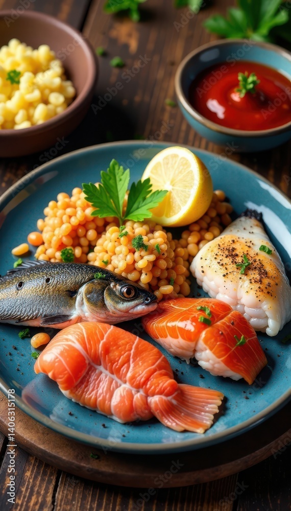 Illustration of a seafood plate with assorted fish and seafood, plates, food Illustration of a seafood plate with assorted fish and seafood, plates, food