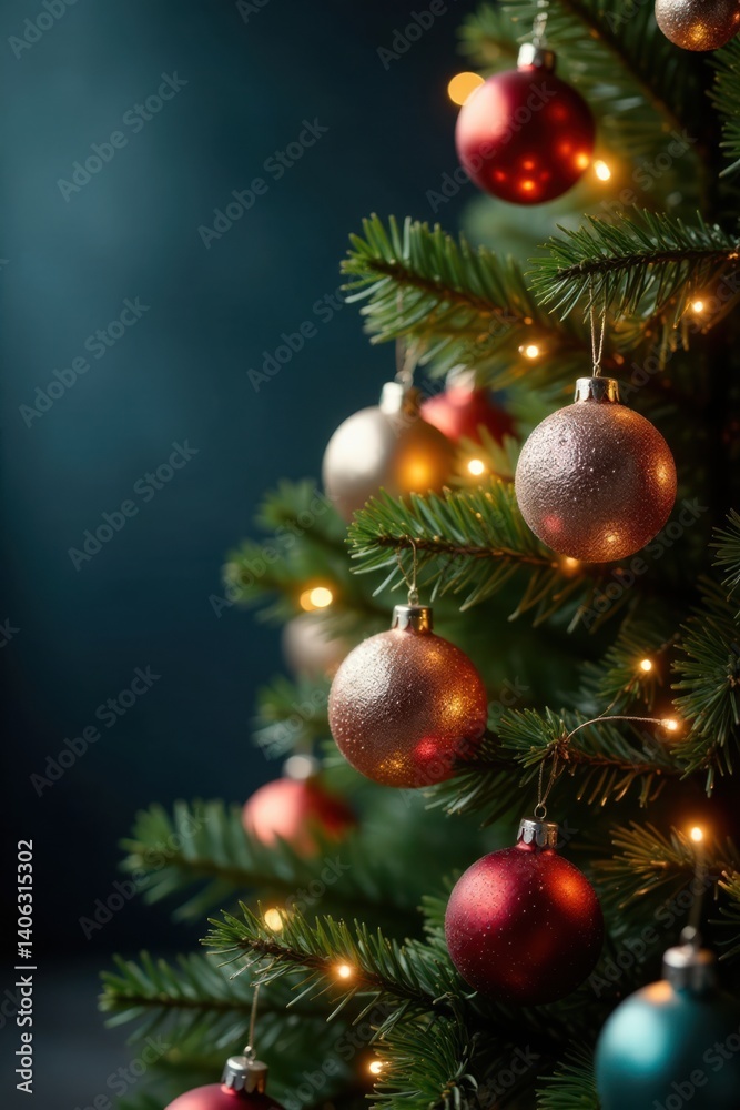 Fototapeta premium Glittering Christmas tree with shiny balls and string lights against a soft focus background, christmas tree, baubles