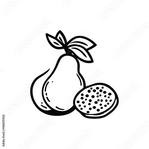 Isolated Pear and Passion Fruit Drawing with Leaves in Outline Style on White