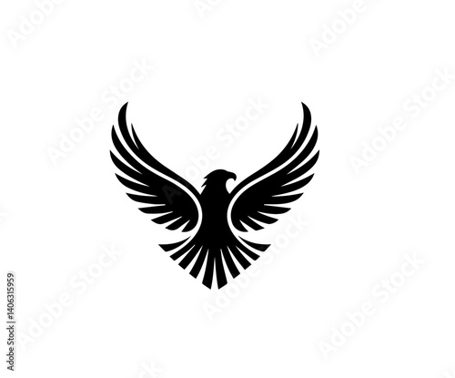 Black eagle silhouette icon with spread wings, vector logo symbol of freedom, power, strength, and vision, majestic bird of prey isolated on white
