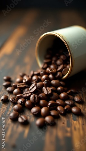 Rich aroma espresso coffee beans spilling from cup onto worn wooden table surface, coffee, espresso
