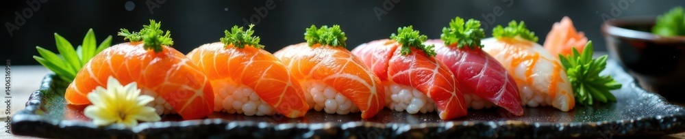 School of fish swimming together on a plate of sushi , marine, fish School of fish swimming together on a plate of sushi , marine, fish