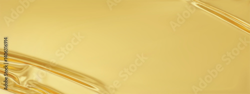 Gold silk satin luxury background. Golden elegant background with space for design. Draped fabric Flat lay, Template, cover, header, Wide banner. panoramic view. 3D vector illustration.