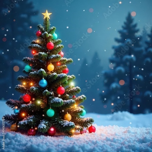 Snowy scene of a majestic evergreen tree surrounded by vibrant colored balls and subtle shimmering lights, Christmas tree, sparkling snow