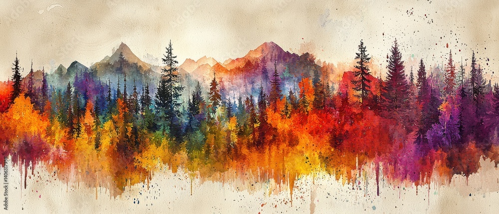 Fototapeta premium Vibrant Autumn Landscape Watercolor Art