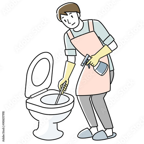 トイレを掃除するエプロンを着けた男性