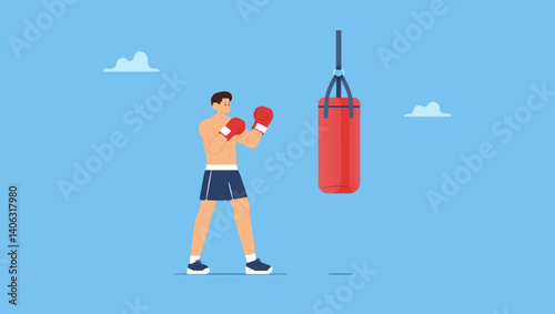 A young man practicing boxing wearing boxing gloves, preparing to hit a punching bag. Boxer punch punching bag.