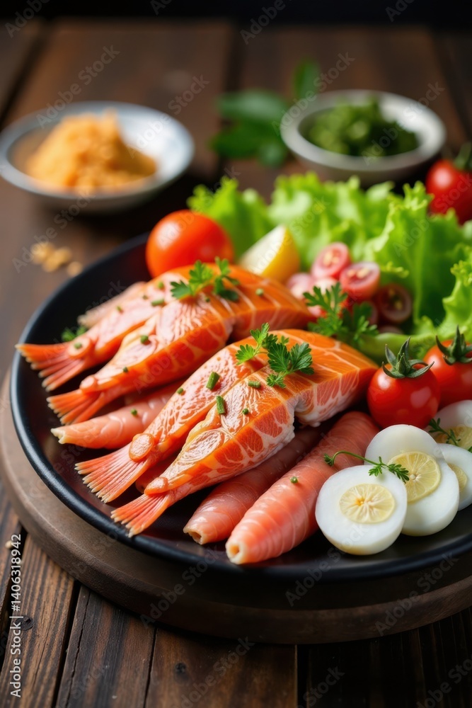 Fresh seafood platter on wooden table with fish and shellfish, shellfish, food Fresh seafood platter on wooden table with fish and shellfish, shellfish, food