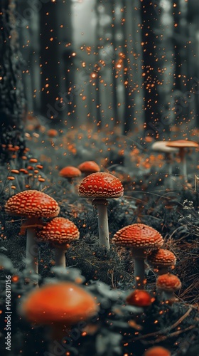 Dark Moody Forest with Red Spotted Mushrooms and Glowing Orange Embers Floating in Mystical Autumn Woods, Atmospheric Nature Photography