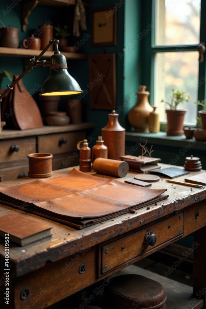 Fototapeta premium Leather products on a workbench in an atelier, American Made, Workbench